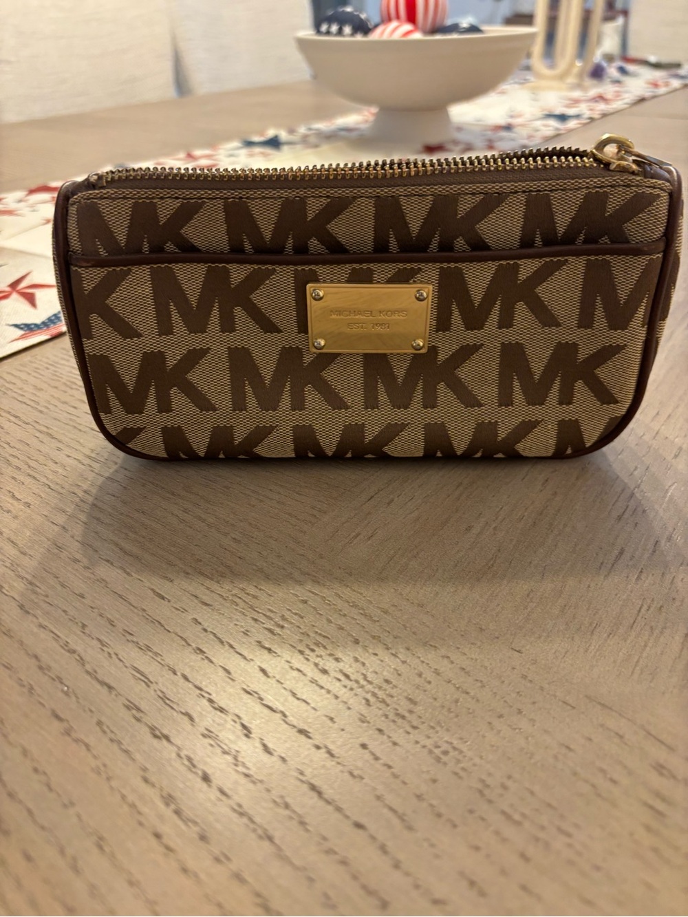 Michael Kors Beige Tan Logo Pouch with Gold Hardware